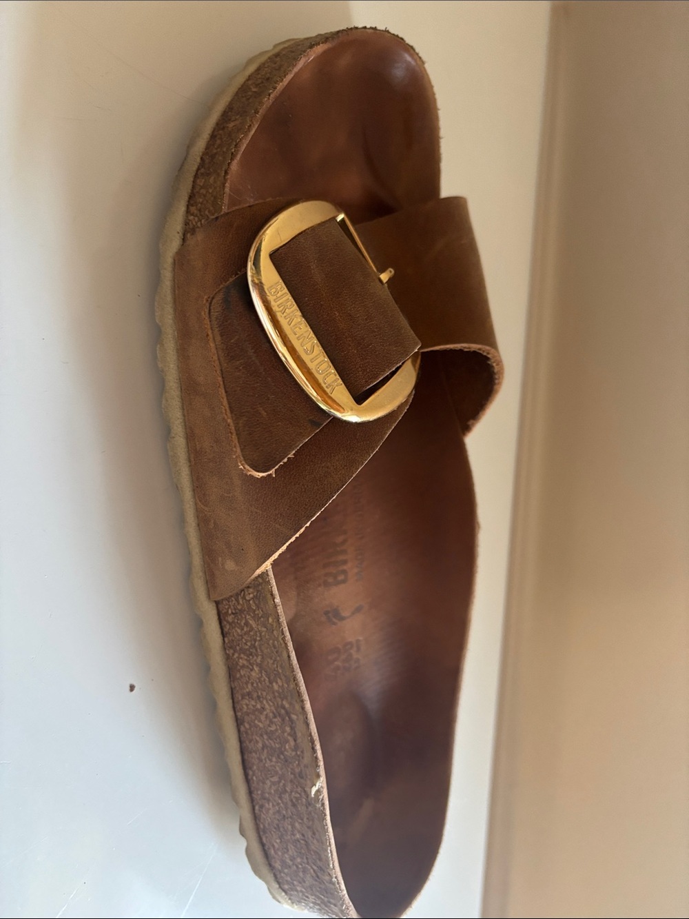 Birkenstock Brown Leather Single-Strap Sandals with Gold Buckles - Picture 3 of 6
